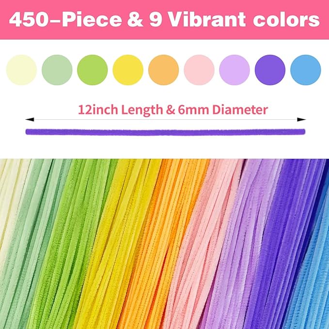 URADIART Pipe Cleaners 450 pcs Assorted Colors Chenille Stems, Pipe Cleaners Crafts, Bulk Pipe Cleaners Craft Supplies for DIY Art Creative School Crafts Decorations (6mm x12 inch) (Macaron)