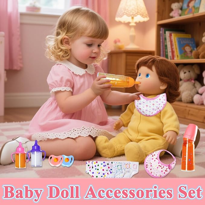 12PCS Baby Doll Accessories Set,Doll Pretend Play Feeding Toys,Baby Doll Feeding Include Disappearing Milk and Juice Bottles,Pacifier,Bibs,Diapers