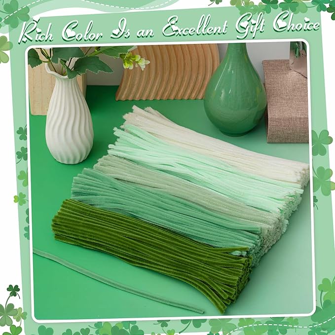 Peryiter 500 Pieces Pipe Cleaners Chenille Stems for Flowers Craft Supplies Bulk Fluffy Fuzzy Sticks for DIY Art Projects Creative Gift Wrapping Party Decorations(Boho Green,12 Inch)