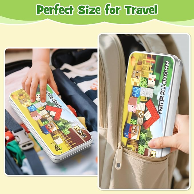 Mini Magnetic Blocks Farm Animals Travel Toys, 35PCS Portable STEM Magnetic Building Cubes with Metal Storage Box for Kids Ages 4-8, Road Trip & Airplane Essentials