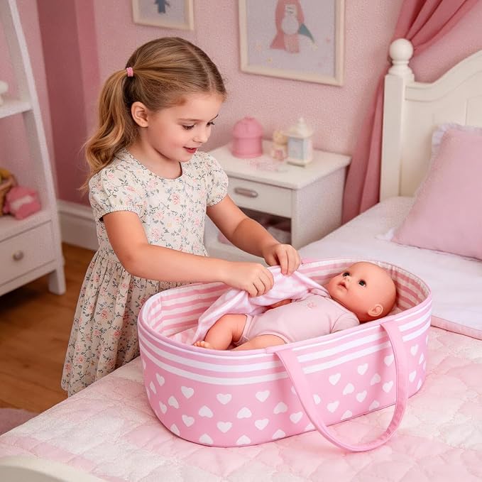 Aori Reborn Baby Dolls Bassinet Foldable Baby Doll Carrier Bed Soft Doll Carrier Doll Accessories with Handle for 17-22 inch Baby Dolls Girls (Pink)