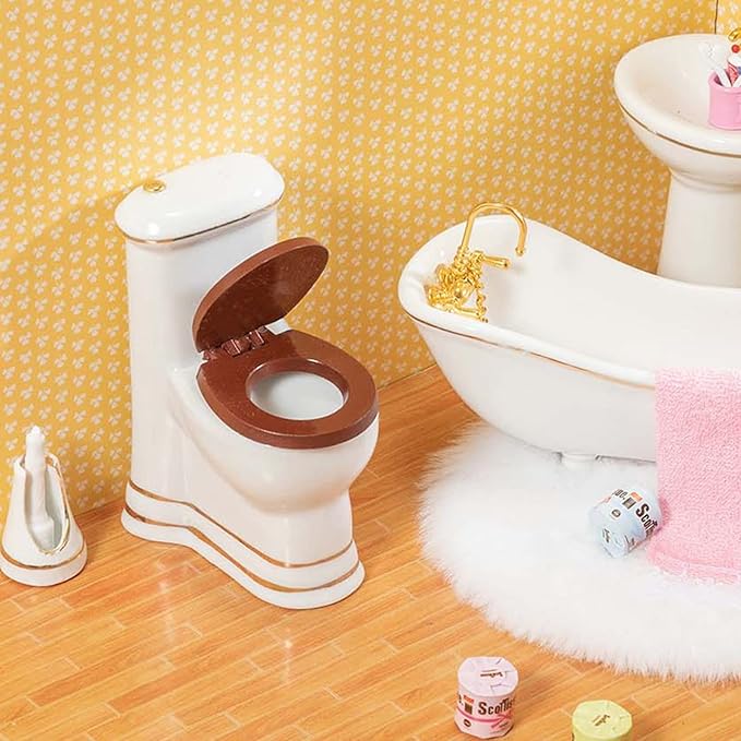 SAMCAMI Ceramic Dollhouse Furniture 1 12 Scale - Doll House Furniture Toys for Dollhouse Bathroom - Miniature Furniture Incl Toilet, Bathtub, Washbasin, Fluffy Carpet and Other Dollhouse Accessories