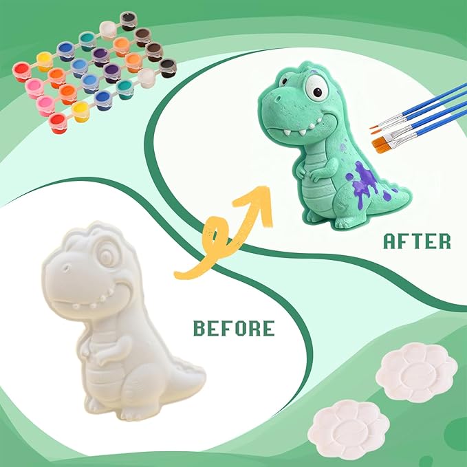 GloomGlo Dinosaur Theme Paint Your Own Plaster Figurines Kit - 24 Pcs Figures with Paints, Brushes & Palettes for Kids' Arts & Crafts Supplies