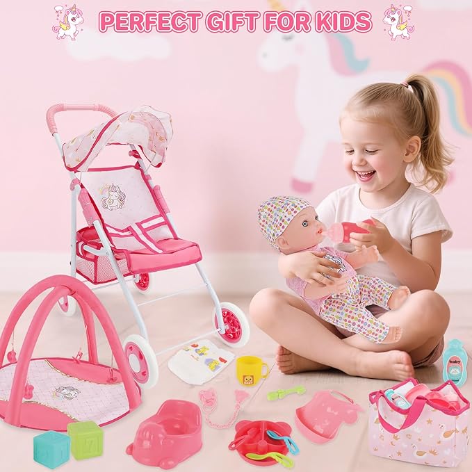 deAO Baby Doll Stroller Set with 12" Baby Dolls Nursery Playset 17 PCS Baby Doll Accessories with Play Mat,Storage Bag,Baby Stroller Toys for Girls Toddlers 3+ Pretend Play Gifts