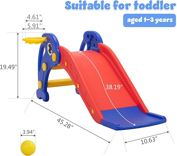 TOBBI Slide for Toddlers Ages 1-3 Indoor Outdoor w/Basketball Hoop & Ball, Baby Slide Playset for Backyard, Freestanding Slide Climber Toys for Kids, Red
