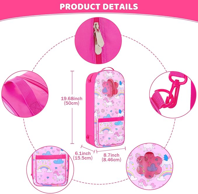 18 Inch Doll Storage Bag - 5PCS Unicorn Theme 18In Doll Accessories Set with Rainbow Dress, Hair Clip, Camera, Stickers & Fashion 18 Inch Dolls Carrier Bag | Perfect for 18" Dolls