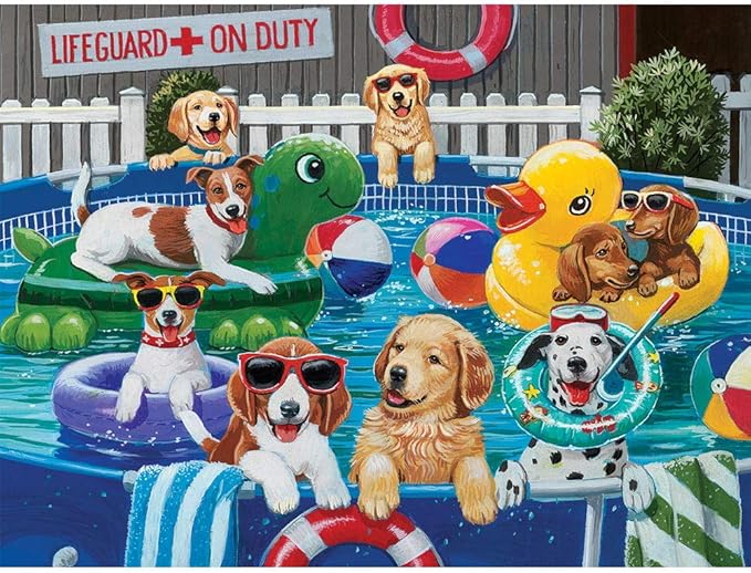Bits and Pieces – 1000 Piece Jigsaw Puzzle for Adults – Puppy Pool Party - Summer Swimming Dog Jigsaw Puzzle by Artist William Vanderdasson, Completed Puzzle Size: 20" x 27"