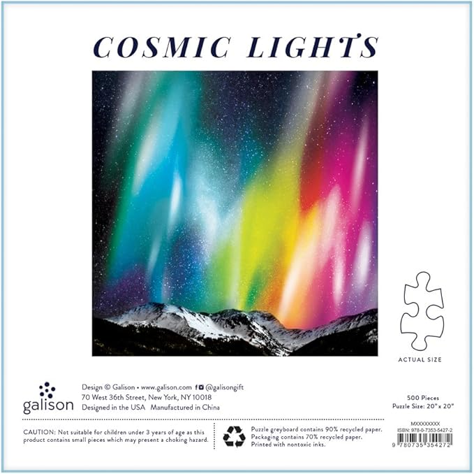 Galison Cosmic Lights 500 Piece Jigsaw Puzzle for Families and Adults, Outer Space Family Puzzle with Rainbow Aurora and Mountain Backdrop, White