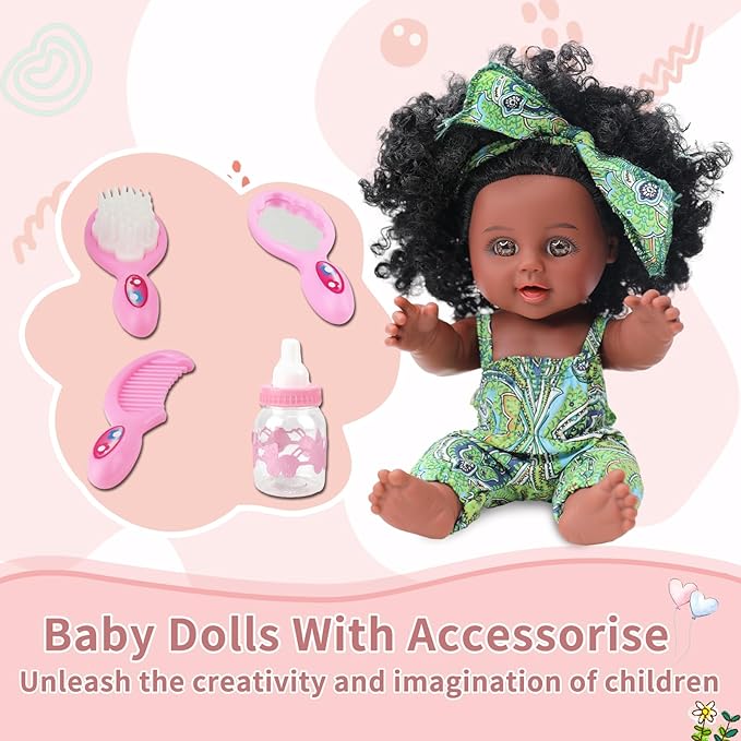 10 INCH Black Baby Doll Toy with Accessories - African American Baby Dolls in Gift Box - Ideal Holiday, Christmas, Birthday Gift for 3 Year Old Girls - Soft Body Black Dolls for Toddlers