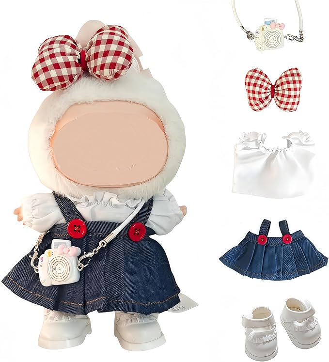 5 Set 17cm Doll Clothes, Clothes for Dolls Outfit, Accessories for 17cm Dolls Clothes T-Shirt + Bow Tie + Denim Skirt + Princess Shoes + Camera, No Doll Included (Cowgirl Set)