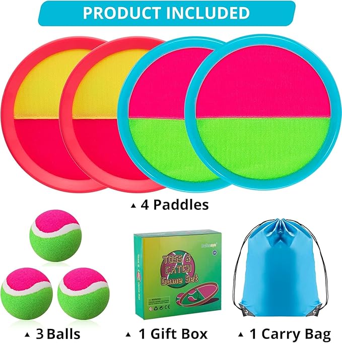 Beach Games, Outdoor Toys for Kids Ages 4-8, Toss and Catch Ball Set, with 4 Paddles 3 Balls, and 1 Storage Bag, Beach Toys Easter Gifts for Kids