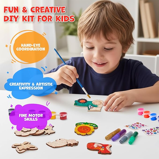 JoyCat DIY Wooden Magnets Kit, 13 Pcs Nature Art Supplies, Painting Kit, Arts and Crafts for Kids Ages 4-8 8-12, Party Favors, Christmas Crafts, Birthday Gifts, Toys for Boys Girls