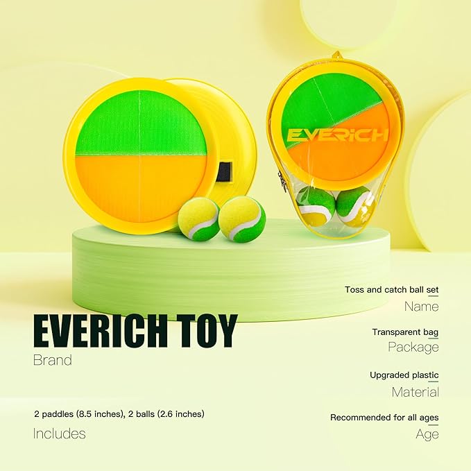 EVERICH Upgraded Toss and Catch Ball Game Set - Indoor and Outdoor Games for Kids 3-12, Beach Sand Pool Water Toy Includes 2 Paddles 2 Sticky Balls, Great Birthday Easter Gifts for Boys Girls