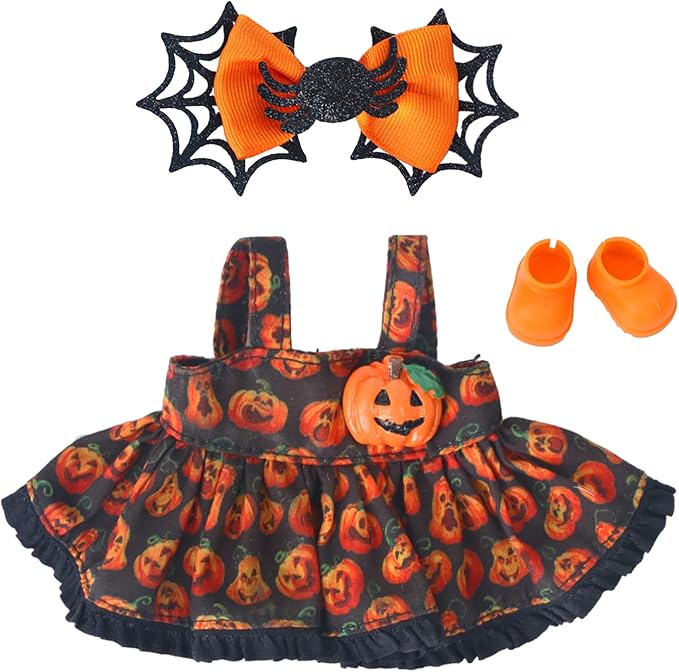 17cm Doll Clothes Sets(No Doll) Halloween Orange Dress Outfits Handcrafted Designer DIY Accessories Including Dress Shoes and Headwear