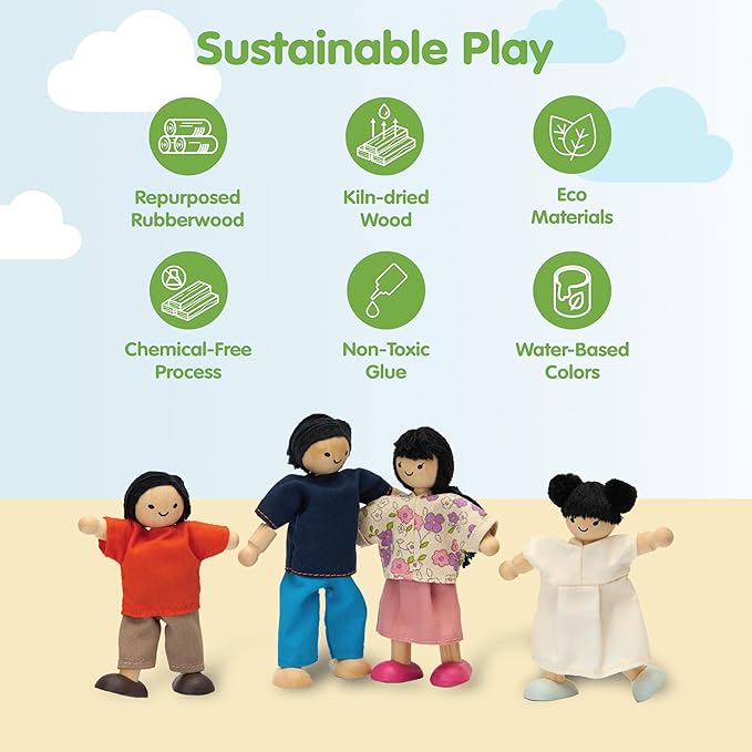 PlanToys® Family Wooden Dollhouse Figurine Set | 4 Poseable 1:12 Scale Mini Dolls (Parents & Kids) | Dollhouse Accessories for Pretend Play | Eco-Friendly Montessori Toy for Kids Ages 3+