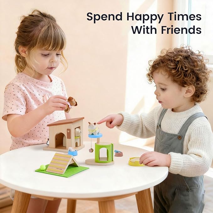 Tiny Land Wooden Dollhouse Animal Set for Toddlers, Dollhouse Accessories & Dolls House Furniture Sets for Toddlers, Montessori Pretend Play Family Pets Set Toys, Gift for Kids Age 3+