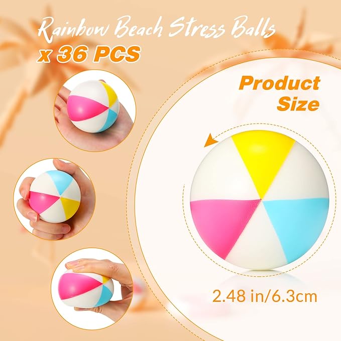 36 Pcs Beach Stress Ball 2.5 Inch Summer Mini Stress Relief Balls Rainbow Squeeze Toys Pu Foam Squeezy Toy for Girls Boys Adults Beach Birthday Party Favors Water Pool Games(Bright Color)