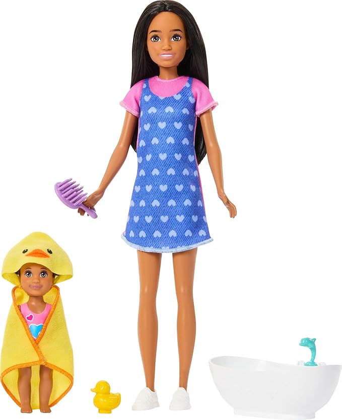 Barbie Skipper Babysitters, Inc. Playset with Brunette Doll, Brunette Toddler Doll, Bathtub & 6 Accessories Including a Rubber Duckie