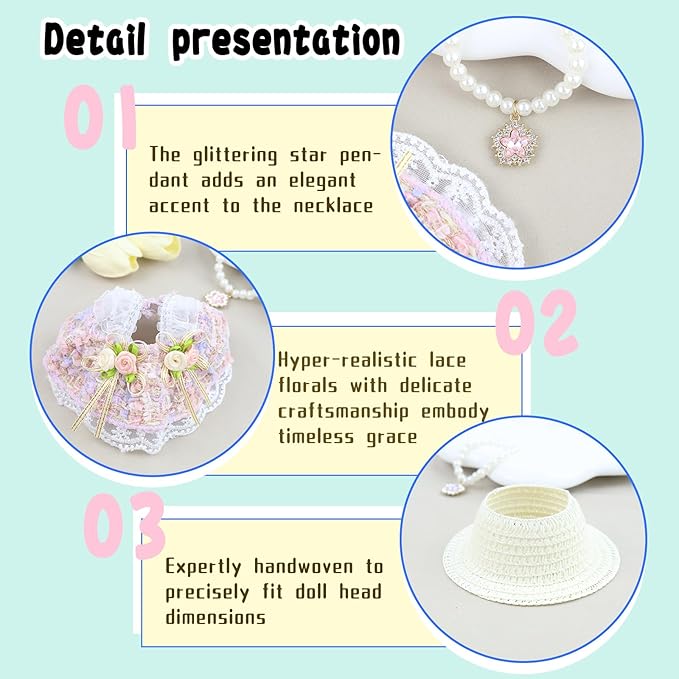 Clothes for labubu Skirt Set for Doll 3 Piece Set with Dress Outfit Hat Necklace Chic Dress for Dolls Accessories (NO Doll)(Pastel Tweed)