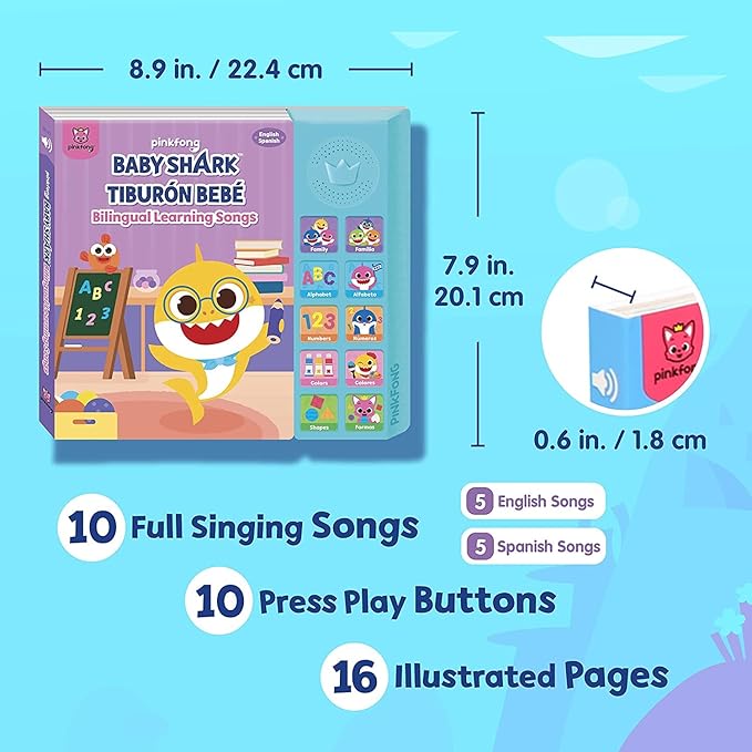 Baby Shark Bilingual Sound Book for Toddlers 1–3 | 10 Buttons, 5 English & 5 Spanish Songs Interactive Learning Toy by Pinkfong