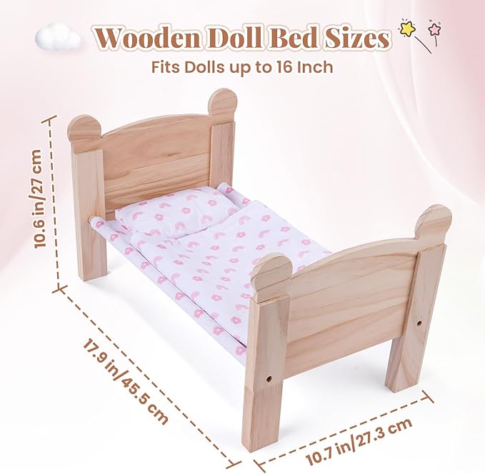 BABESIDE 3 Pcs Baby Doll Crib with Bedding Set for 12-16 Inch Babydolls, Wooden Dolls Furniture Doll Bed with Pillow and Blanket for Realistic Baby Doll Accessories (Doll Not Included)