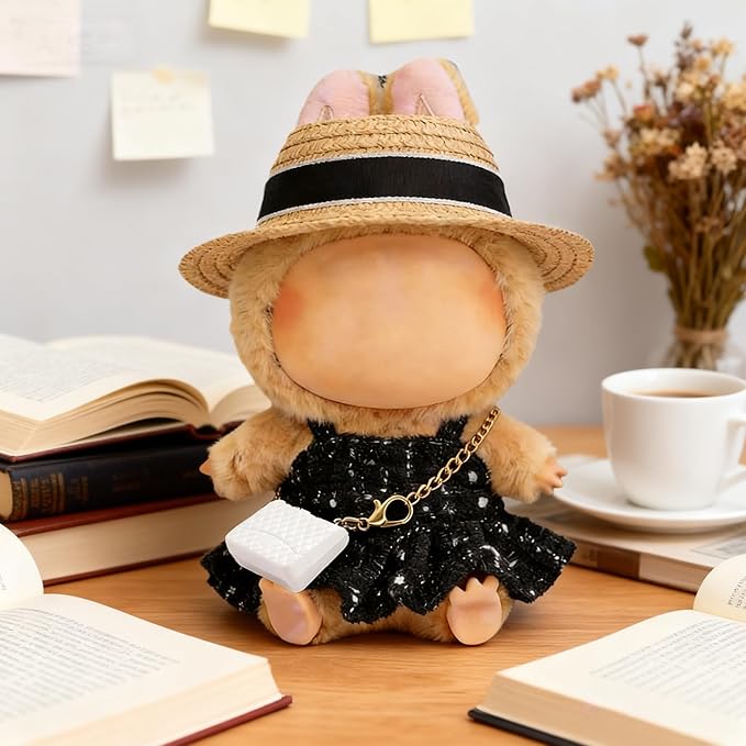 17cm Doll Clothes - Luxury Chic Style Set High-End Fashion Accessories - Premium Handmade Clothes 3 Piece Set Hat & White Bag & Dress Adjustable Doll Outfit (No Doll) - Black Hat Set