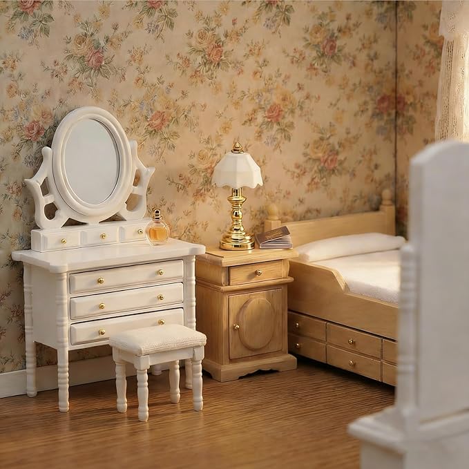Dollhouse Miniature Bed with Drawer 1:12 Wooden Furniture European Bedroom Bedding Furniture Accessories with Pillow & Mattresses Vintage Floral Fabric Mini House Decoration (Woody)