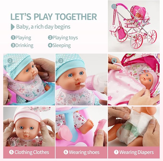 Baby Doll Stroller Toys Set W/ 13'' Baby Doll, Doll's Bed, Dining Chair, 26 PCS Doll Accessories & 2 Set Clothes, Baby Stroller Toys for 3 4 5 Year Old Girl Birthday Gift, Pretend Playset for Toddler