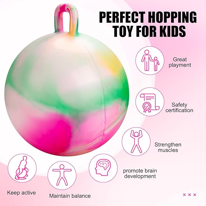 Hopper Ball 20 Inch Bouncy Ball with Handle for Kids, Hippity Hop Jumping Bounce Hopping Toy for Boys Girls Ages 5-9 with Pump and Gift Box Great Gift for Birthday Holiday (Pink)