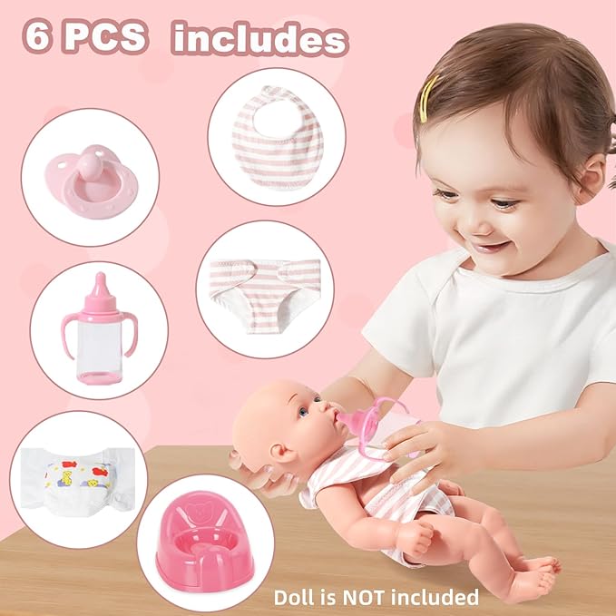 Realistic Baby Doll Accessories Set Toys for 12 inch Dolls Includes Doll Potty, Bib,Pacifier,Diaper and Feeding Bottle Perfect for Kids, Toddlers, and Girls