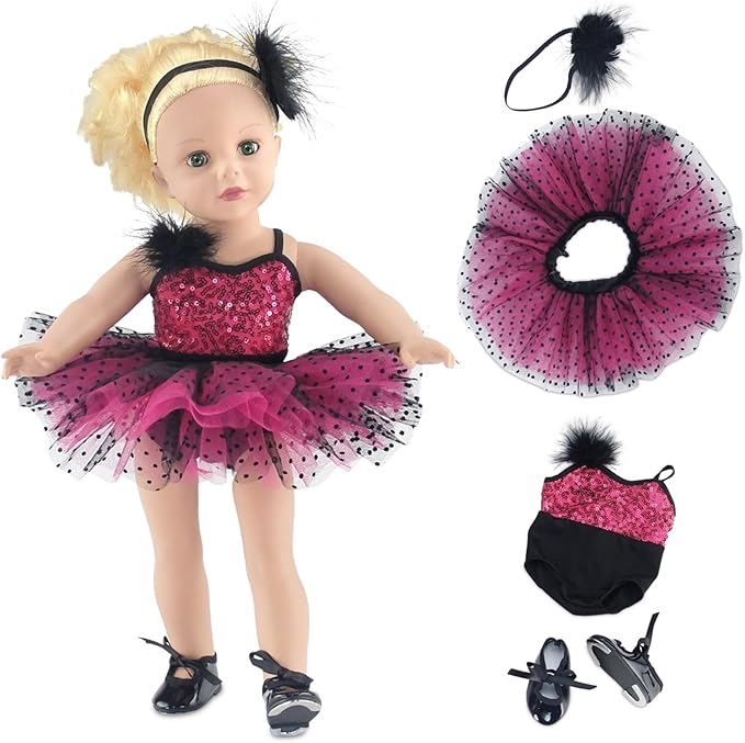 Emily Rose 18 Inch Doll Ballet Clothes Set - 4 PC Pink Ballerina Outfit Leotard, Tutu, Headband & Tap Shoes Set | Dance Recital Costume | Doll Not Included | American Girl Compatible