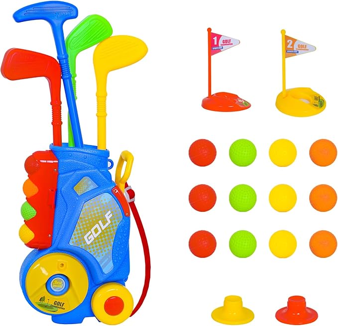 Nattork Toddler Golf Set for Boys Girls Aged 1 2 3 Years Old, Upgraded Kids Golf Cart with 4 Clubs & 12 Balls, Outdoor Indoor Sports Toy Birthday Gift, Blue