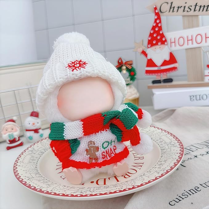 Christmas Clothes for Lu bubu 17cm Dolls(No Doll) Accessories,, Stylish Kawaii Festive Christmas Sweater Scarf Outfit Set 3 Pieces Suitable for 17cm Doll , Xmas Doll Clothing Set Replacement
