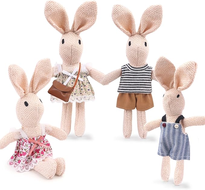 HAPGFS Handmade Rabbit Family Dolls Set of 4 with Removable Outfits & Bag, Realistic Dollhouse People Figures for Imaginative Play, Kids Room Decoration, Easter Bunny