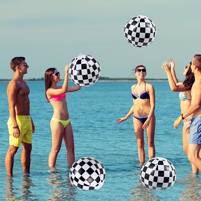 12 Pcs Black and White Checkered Flag Themed Beach Balls, Bulk 7.87” Inflatable Race Car Beach Balls for Kids Summer Pool and Beach Car Themed Birthday Party Favors Supplies Decorations