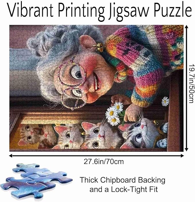 Black Hair Woman 1000 Piece Jigsaw Puzzles for Adults Portrait of Grandmother Painting Jigsaw Puzzle Cute Animal Cat 1000 Pieces Puzzles Game Home Wall Decor DIY Craft Puzzle Art Gift (Colorful)