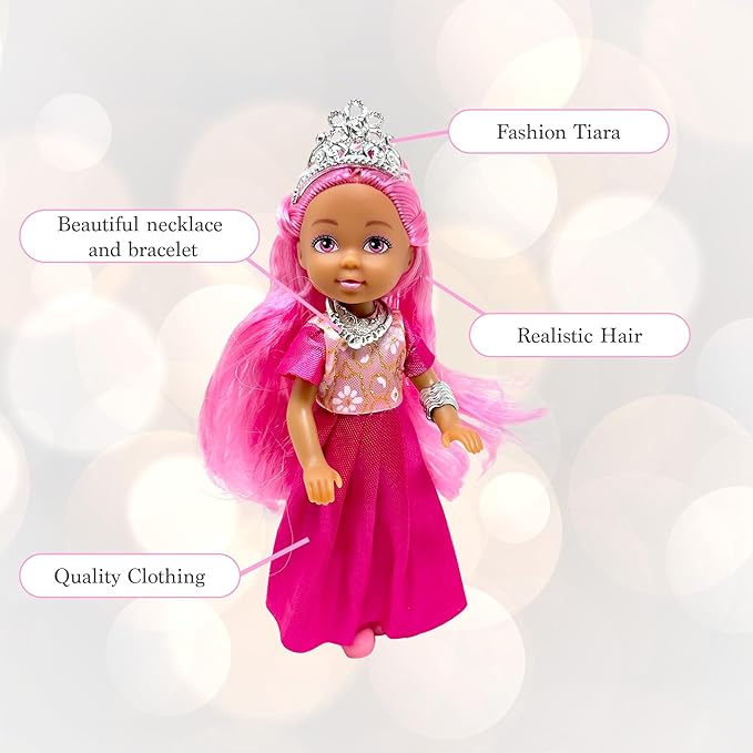 Little Dolls Set with Mini Princess Dolls for Girls – Princess Toy Dolls for Dollhouse –Small Doll Mini Princess Figures with Tiaras, Hair Accessories