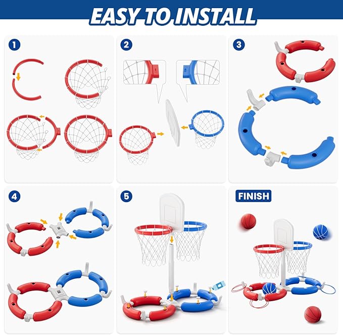 Double Pool Basketball Hoop with Backboard, 2-in-1 Floating Pool Toys Ring Toss Game, 2 Player Games Summer Outdoor Water Toys Gifts for Kids Ages 4-8 8-12 & Adults, Family Swimming Pool Party