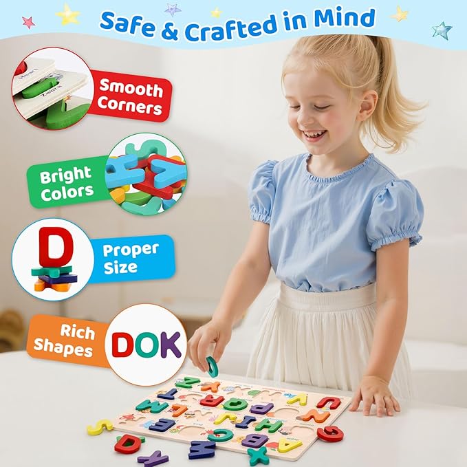 Alphabet Puzzle Wooden Puzzles for Toddlers, ABC Shape Learning Toddler Toys with Board & Letter Blocks, Preschool Educational Toys for Girls Boys, Pattern Alphabet