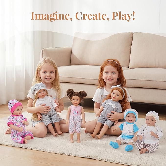 BABESIDE 6 Sets of Baby Doll Clothes for 12-15 Inch Babydolls, 14 Pcs Dolls Clothes and Baby Doll Accessories with Hats, Pants, Headband and Socks, Pretend Play Toys for Kids 3+