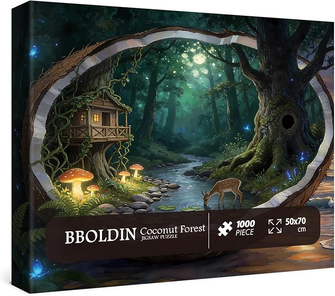 Magic Forest Landscape Puzzles for Adults 1000 Pieces Nature, Pretty Tree of Life Deer Art Jigsaw Puzzles, Fantasy Scenic Mushroom Plant Animal Challenging Puzzle