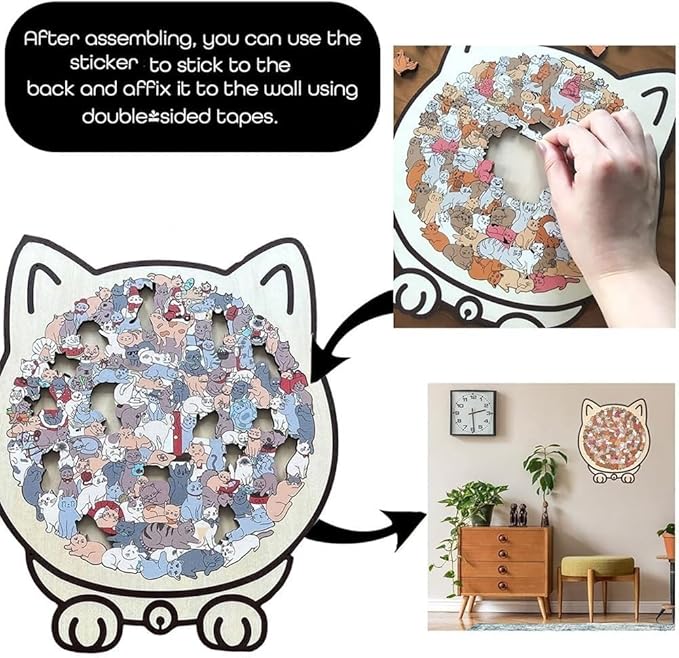 Cat Shaped Wooden Jigsaw Puzzle 135-Piece, Morandi Colors Animal Cats Decorative with Cats Outlines Framed and Acrylic Cover, Home Design Decor