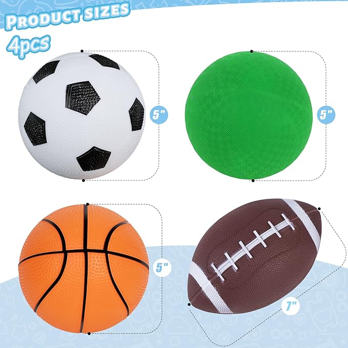 LovesTown 4-Pack Sports Balls, 5-Inch Soccer, Basketball, Playground Balls & 7 Inch Footballs for Toddlers with Pump Indoor Outdoor Toys Birthday Party Favors for Kids