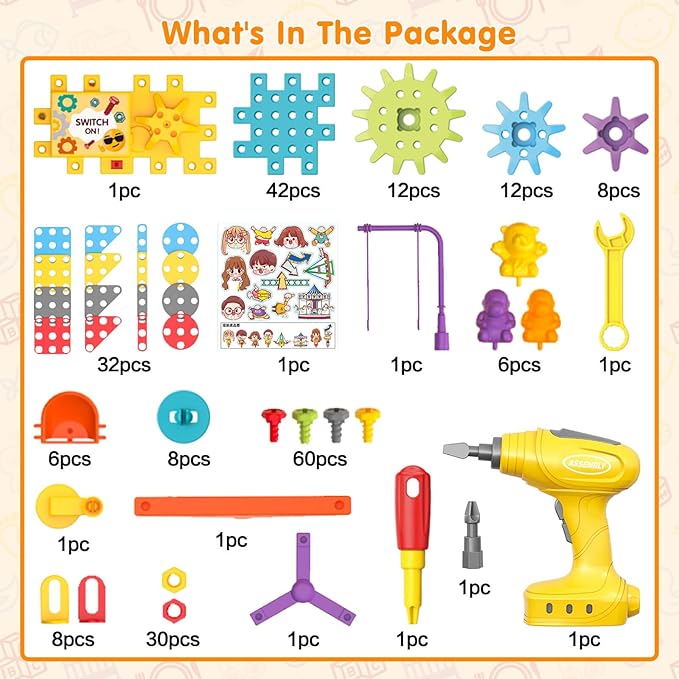 Building Toys, 234 Pieces Upgrade Gear Building Blocks Set Kids Tool Set with Electric Drill, Kids Toys STEM Kits Gifts for Boys Girls Age 3+