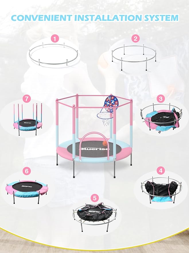BLUERISE 55IN 6FT Toddler Trampoline for Kids Indoor Outdoor Play for Kids Trampoline Basketball Hoop Attachment with Enclosure Net Easy to Assemble