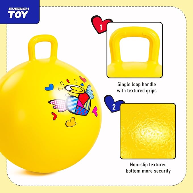 EVERICH TOY Hopper Ball for Kids, 18In Ride On Bouncy Ball with Handle, Yellow Heart Girls Toys for Indoor Outdoor Active Play Toys Easter Basket Stuffers Girls Boys Gifts for 4 5 6 7 8 Yr Old