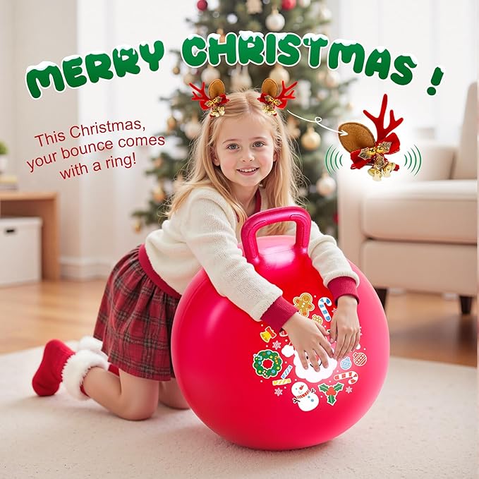 ZOOJOY Hopper Ball for Girls & Boys 3-8 with Free Hair Clips, Santa Claus Red 18in Bouncy Ball with Handle for Kids, Christmas Hopping Toys Indoor and Outdoor Play Includes Pump