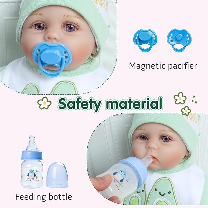13 Pcs Reborn Baby Doll Clothes Boy Green Outfits Accessories for 17-22 Inch Reborn Doll Clothes Newborn Baby Accessories Set with Avocado Backpack