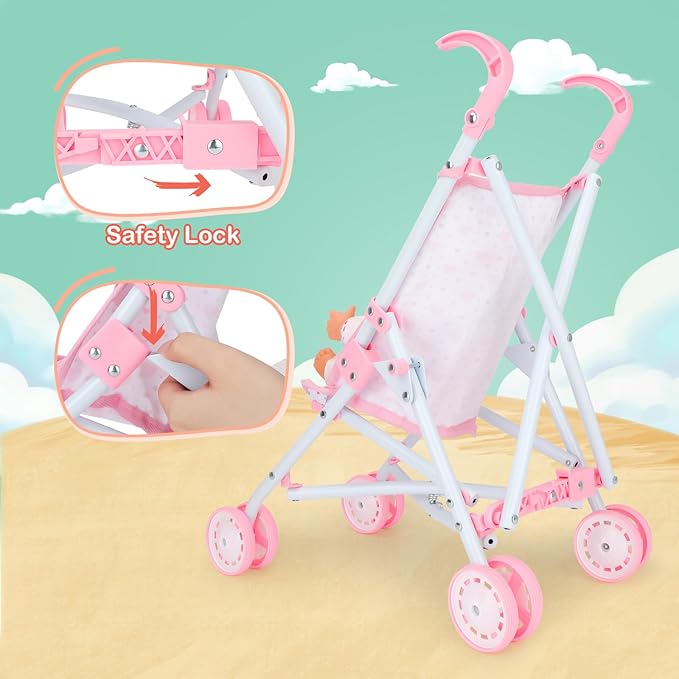 deAO Baby Doll Stroller Set with 13 inch Doll,Kids Play Stroller Toys,13" Baby Doll Set with Foldable Doll Stroller,18 PCS Baby Doll Accessories with 2 Sets Doll Clothes