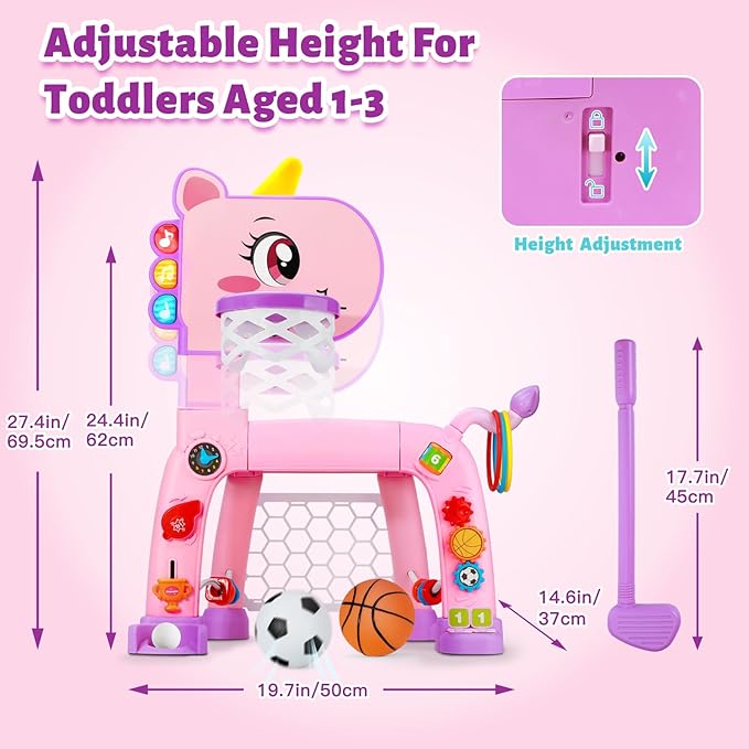 4 in 1 Toddler Basketball Hoop & Soccer Goal, Kids Sports Toy for 1 2 3 Years Old Girls Boys, Baby Toy with Sound & Light, Birthday Gift for 12-18 Months, Pink